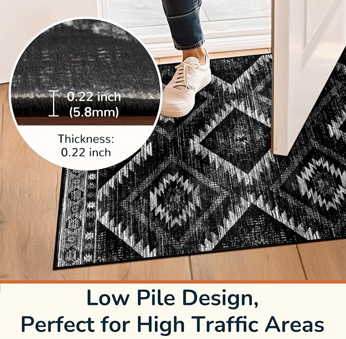 BESTSWEETIE Area Rug 2x5 Rug Machine Washable Non-Slip Low Pile Print Pattern Western Rug for Living Room Bedroom Entryway Tribal Series-Black
