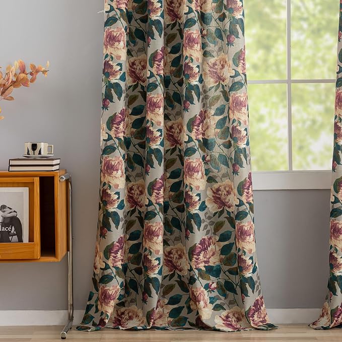 ALIGOGO Printed Botanical Curtains 96 Inches Long - 70s Two Pages Floral Curtains for Dining Room, Retro Spring Peony Leaf Light Filtering Linen Drapes Grommet Top, 50 x 96 Inches, Green & Beige