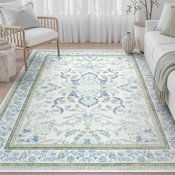 DCX Green 6x9 Rug, Kid & Pet Friendly with Rubber Back Non Slip, Machine Washable Stain Resistant Botanical Floral Rug for Living Room, Bedroom, Soft Low Pile Large Nursery Carpet