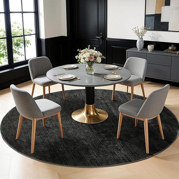LIANLAM 8 FT Washable Rug, Black Solid Round Rugs for Living Room & Bedroom | Stain-resistant & Non-slip backing,Low Pile Washable Large Carpet, Solid Vintage Style For High Traffic Areas(8 FT,Black)