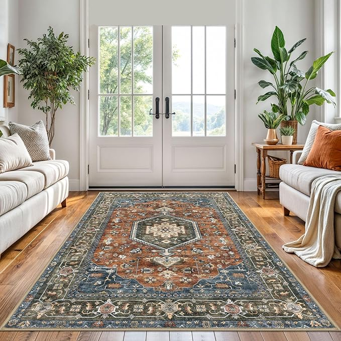 KUTA Area Rug 5x7 Brick Red, Vintage Washable Rugs for Living Room Ultra Soft Non-Slip Printed Tribal Traditional Farmhouse Carpet for Bedroom Dining Room Dorm Office Home Decor