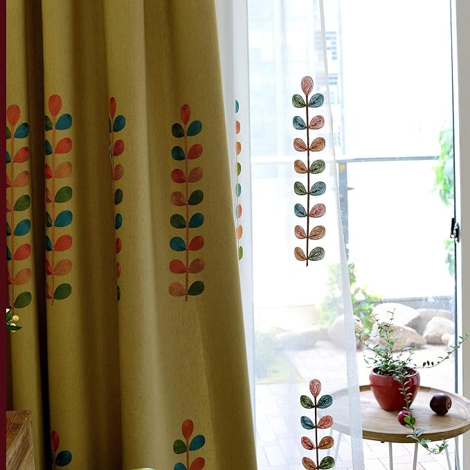 VOGOL Colorful Leaf Embroidered Curtains, Linen Textured Grommet Drapes for Living Room Bedroom Large Windows, Light Filtering Curtain for Dining Room, 2 Panels, 60 x 106 Inches