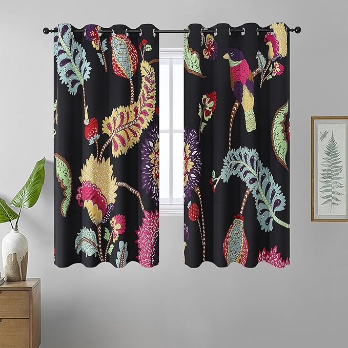Estelar Textiler Boho Vintage Flower and Bird Pattern Blackout Curtains 63 Inches Long for Living Room, Thermal Insulated Black Out Window Grommet Drapes for Bedroom,52Wx63L Inch, 2 Panels