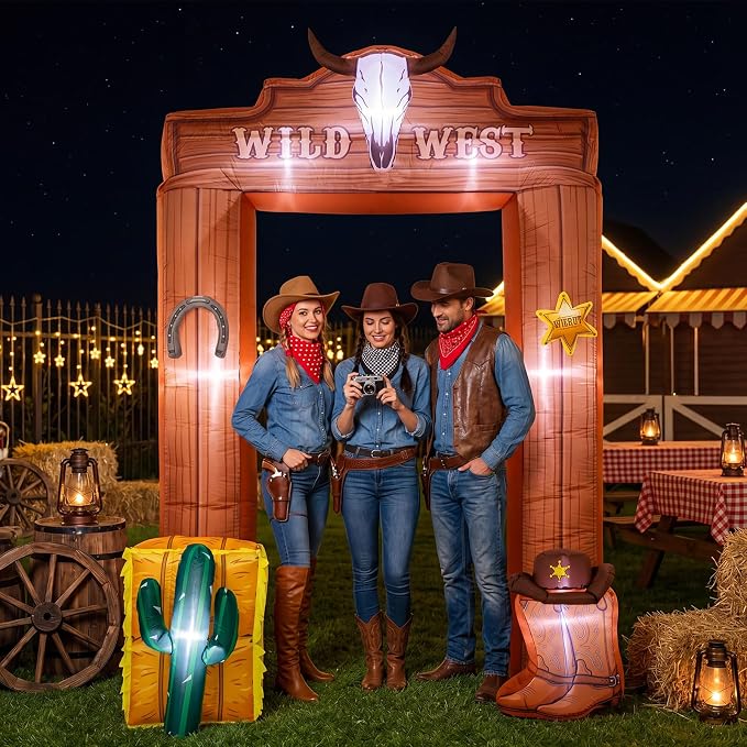 Seenelling 9 ft Western Cowboy Giant Inflatable Archway Decoration Brown Wild West Theme Arch Built-in LED Lights for Birthday Western Event Festival Entrance Outdoor Supplies