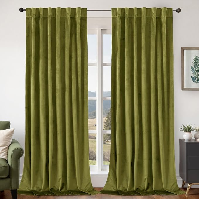 BGment Moss Green Velvet Curtains 90 Inches Long, Vintage Super Soft Thermal Insulated Room Darkening Privacy Window Drapes with Back Tab and Rod Pocket for Bedroom/Living Room, 2 Panels, 52 x 90 Inch