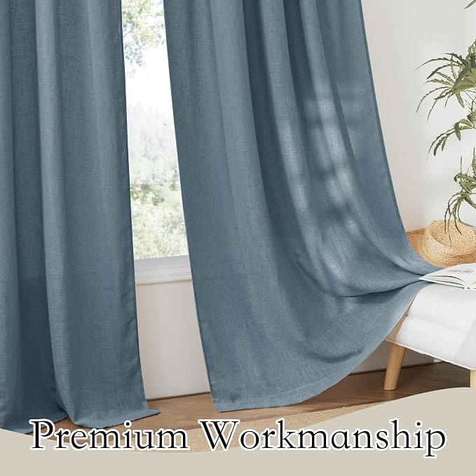 RYB HOME Long Linen Curtains 96 inches Long for Living Room, Light Airy Breathable Window Decor Drapes 2 Panels Set for Laundry Room Home Office, W 52 x L 95 inches, Stone Blue, 2 Panels