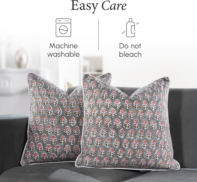 CPC 100% Cotton Throw Pillow Covers 18x18 Inch, Set of 2 Gray Block Print Pattern Couch Pillow, Cute Boho Decorative Pillows for Living Room, Bedroom with Hidden Zipper- Labra Gray