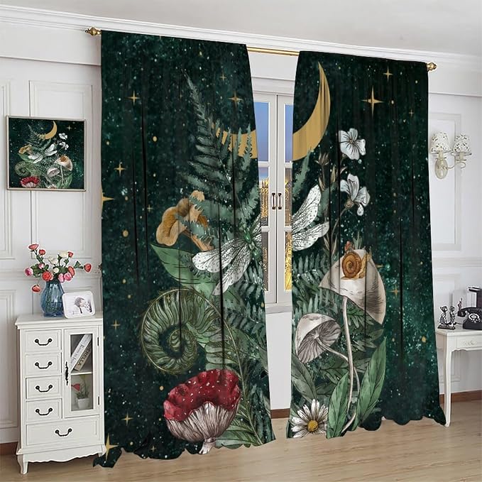 Vintage Mushroom Curtains, Watercolor Fern Botanical Mushroom Herbs Nature Plants Moon Stars Dark Green Universe Blackout Window Treatments for Kitchen Bedroom, 63" W X 63" L