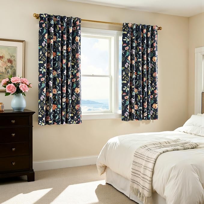 jinchan Hattie Dark Blue Floral Blackout Curtains 63 Inch Length – Room Darkening Drapes for Bedroom, Home Office & Study, Elegant Vintage Floral, Cozy Light Blocking, Set of 2 Panels Back Tab