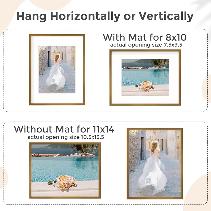 FLYJOE 11x14 Picture Frame - 11 by 14 Metal Picture Frame With Mat For 8x10 | 14x11 Frame Aluminum | Plexiglass And Hanging Hardware Included | 11x14 Poster Frame | Bronze