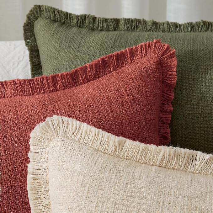 Kevin Textile 12x20 Inch Lumbar Pillow Cover 1 Pack Boho Fringe Decorative Rectangle Cushion Case with Tassels Neutral Cotton Woven Textured Farmhouse for Living Room Couch Sofa Bed, Burnt Brick