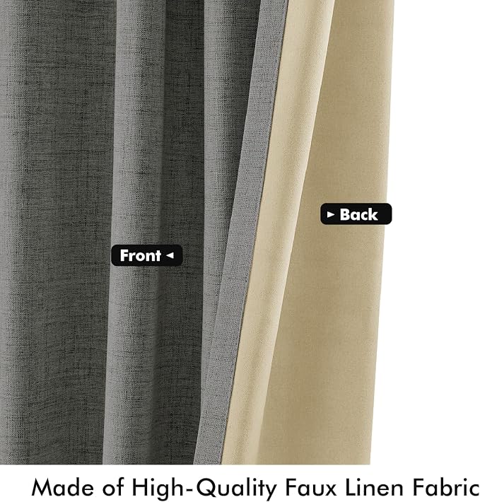 MIULEE 100% Blackout Linen Curtains for Bedroom, Dark Grey Solid Luxury Decor Thermal Insulation Room Darkening Drapes for Living Room Back Tab Rod Pocket 42 x 84 Inches, 2 Panels