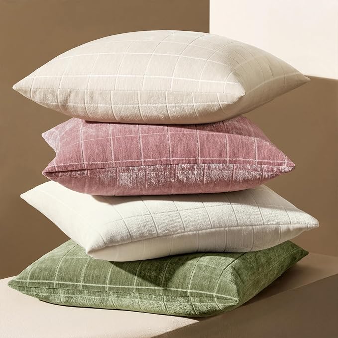 MIULEE Blush Pink Plaid Decorative Throw Pillow Covers 18x18 Set of 2 | Vintage Check Chenille Couch Pillows Neutral Boho Farmhouse Cushion Covers Modern Home Decor for Sofa Bed Living Room