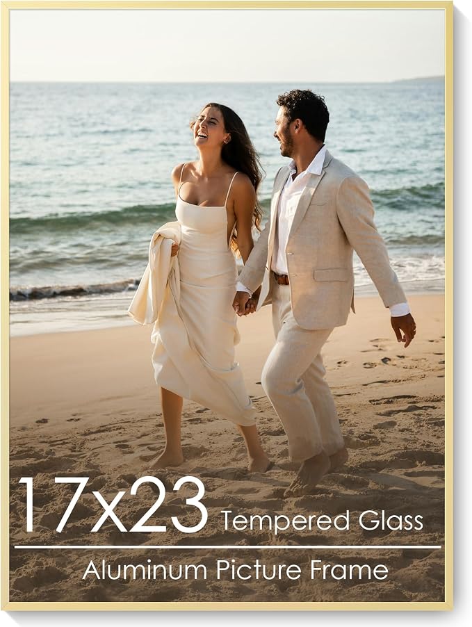 17x23 Metal Picture Frame, Aluminum Poster Frame with Real Glass, Gold | Elegant Gold 23x17 Frame with Tempered Glass for Wall Display, Certificates, Art & Posters | Wall Kit Included