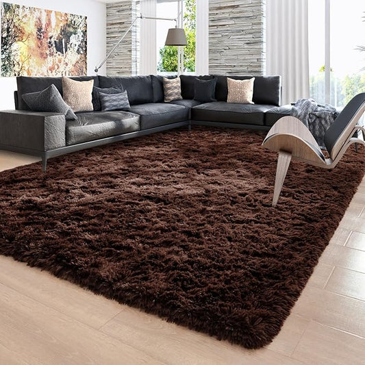 Ompaa 9x12 Area Rug Brown Large Living Room Fluffy Carpet for Bedroom Dorm, Non-Slip High Pile, Coffee Modern Big Shag Rug for Classroom Kids Playroom Nursery Home Office Decor