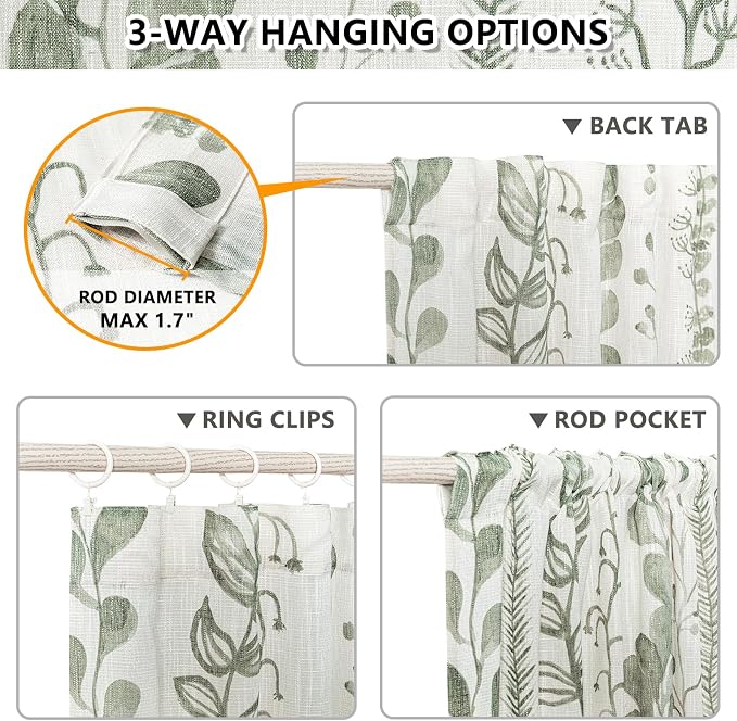 MEETSKY Sage Green Curtains 84 Inches Long 2 Panels Boho Curtains for Living Room Light Filtering Patterned Drapes for Bedroom Linen Style Back Tab Leaf Print Window Treatment, 50” Wide Each Panel