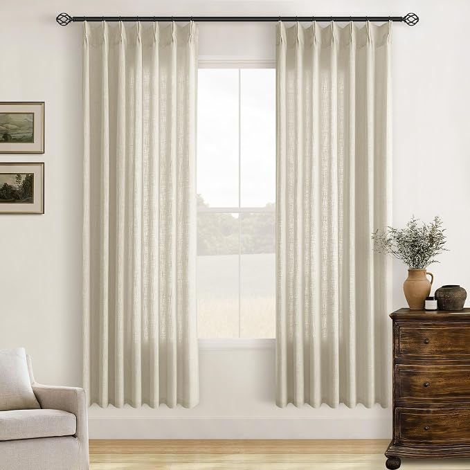 78 Inch Linen Curtains 2 Panels Set Pinch Pleated for Living Room Bedroom Memory Training Shaped Semi Sheer Neutral Beige Tan Flax Burlap Pleat Drapes Hooks Rings Light Filtering Window Curtain