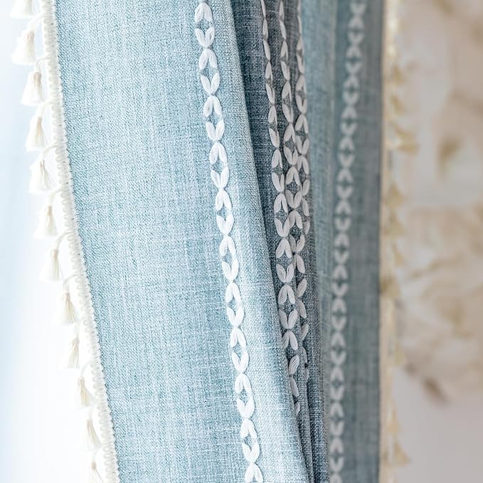 OYX Boho Curtains 63 Inch Length, Cotton Linen Semi Blackout Window Curtains with Tassels for Bedroom, Taupe Stripes Embroidery Bohemian Retro Drapes, Farmhouse Window Treatment 2 Panel, 52Wx63L