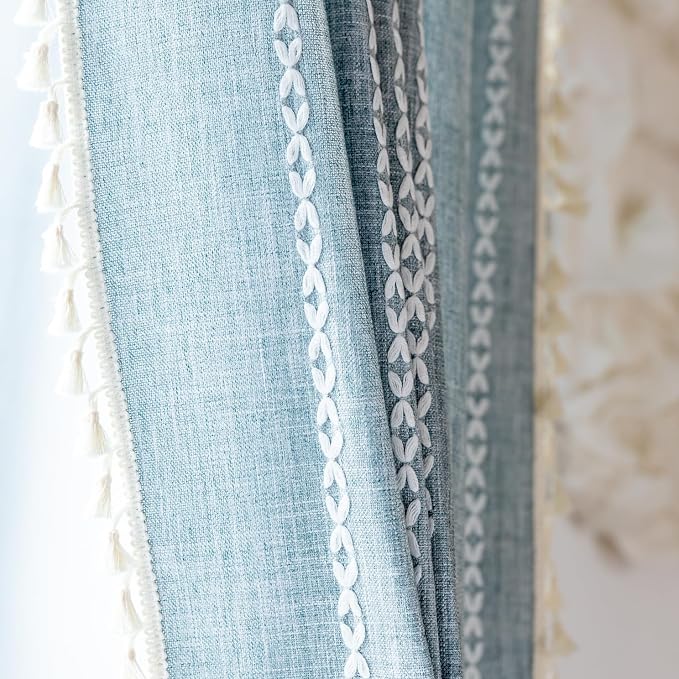OYX Boho Curtains 84 Inch Length, Cotton Linen Semi Blackout Window Curtains with Tassels for Bedroom, Taupe Stripes Embroidery Bohemian Retro Drapes, Farmhouse Window Treatment 2 Panel, 52Wx84L