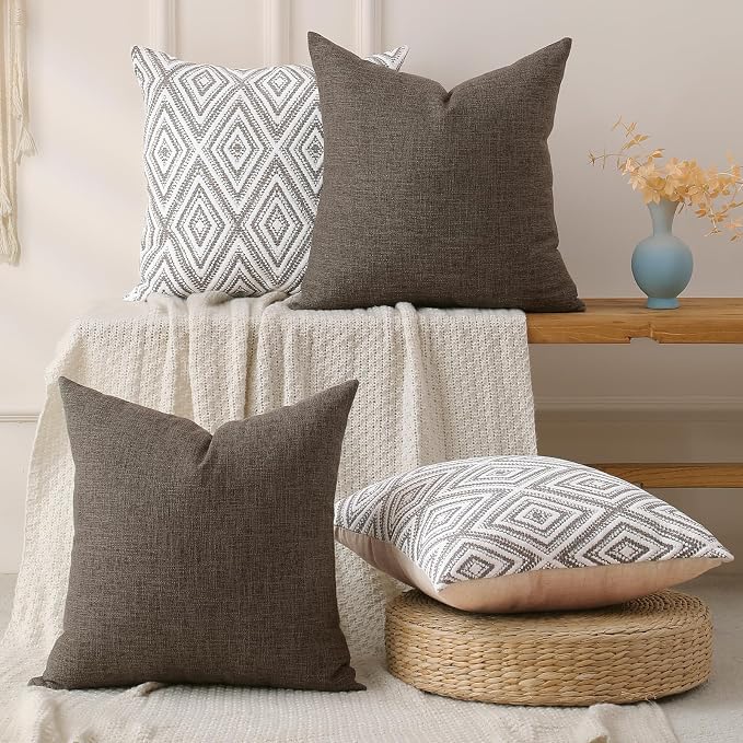 HPUK Throw Pillow Covers 20x20 Inch Set of 4, Linen Decorative Pillow Covers, Accent Cushion Covers for Couch Sofa Bed Bedroom Living Room Décor, Natural