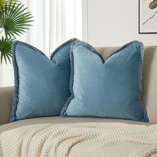 JUSPURBET Aqua Decorative Velvet Fringe Throw Pillow Covers 26x26 Set of 2 Boho Soft Cushion Case for Home Decor Living Room Couch Sofa Bed