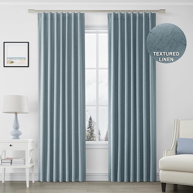 Joywell 100% Blackout Linen Curtains 96 Inches Long for Boys Bedroom Black Out Curtain Room Darkening Drapes for Sliding Glass Door Window Rod Pocket Back Tab 2 Panels Set,52 x 96,Blue