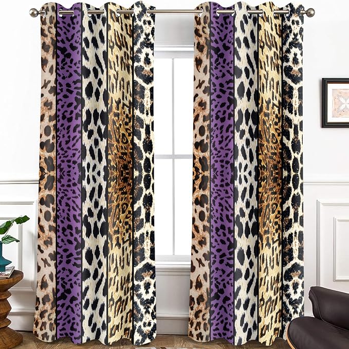 Wild Animal Print Curtain, Room Darkening Thermal Insulated Blackout Leopard Boa Window Drapes with Grommets for Living, Dining, Bedroom, Purple Leopard Print, 42"x 96", 2 Panels