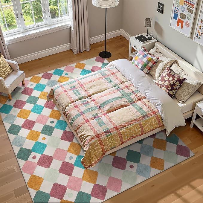 jinchan Macy 8x10 Kids Area Rug for Classroom Modern Colorful Nursery Rug Checkered Diamond Play Mat Washable Soft Non Slip Carpet for Playroom Living Room Bedroom Daycare Confetti on Cream