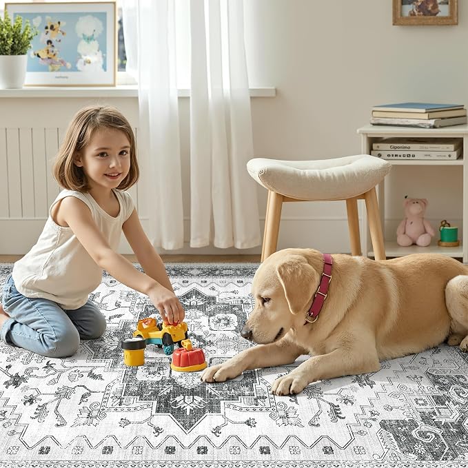 Washable 9x12 Area Rug,Vintage Floral Area Rugs with Non Slip Backing Stain Resistant Grey Carpet for Bedroom Dining Room Indoor Large Soft Rug Home Decoration (9x12,Grey)