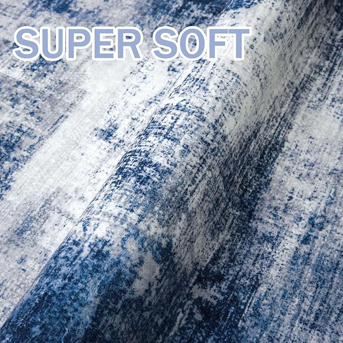 IOHOUZE Abstract Runner Rug 2x6 Ft Washable Runners for Hallways, Non Slip Kitchen Runner Printed Faux Wool Entryway Runner Indoor, Modern Abstract Floor Carpet for Hall Kitchen Bedroom, Navy/Grey
