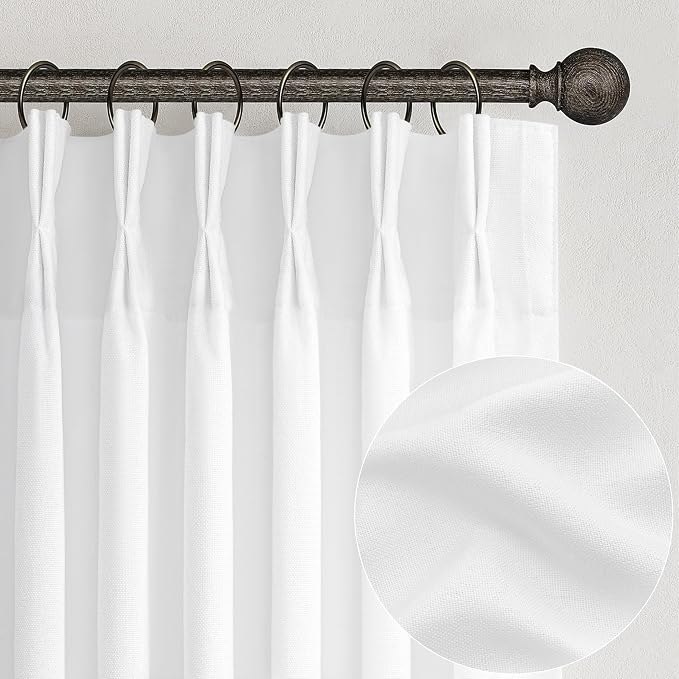 White Linen Curtains 102 Inches Long Tall for Living Room,Semi Sheer Pinch Pleated Curtain for Sliding Door Modern Neutral Light Filtering Privacy Drape with Hooks for Track System W40 xL102 2 Panels