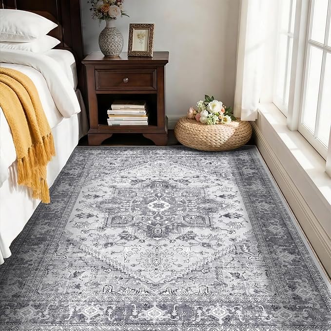 OPPODREAM Soft Neutral Area Rugs 4x6, Low-Pile Washable Rugs 4x6 with Non Slip Backing, Faux Cashmere 4 x 6 Throw Carpet, Grey