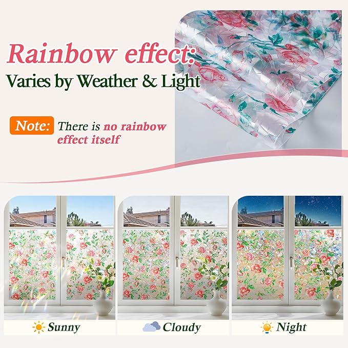 Coavas Window Privacy Film, Rainbow Stained Glass Decorative Window Clings, Anti-UV Heat Control Static Cling, Non-Adhesive Windows Tint for Home Bathroom Door, 23.6 x 78.7 Inches