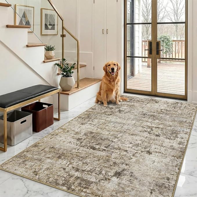 4x6 Area Rugs Washable Living Room Rug-No Slip Soft Carpets Modern Abstract Indoor Floor Stain Resistant Carpet for Bedroom Dining Room Farmhouse Nursery Home Office Brown