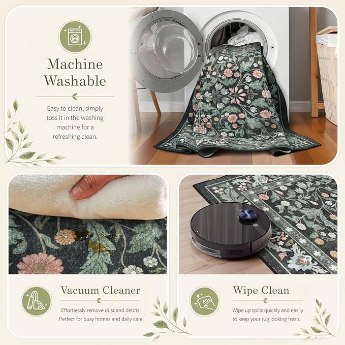 Floral Indoor Entrance 3x5 Area Rug, Washable Vintage Boho Entryway Rugs, Low Pile Non Slip Soft Carpet for Kitchen, Bedroom Beside, Laundry Room, Office Rug, Kids Room, Nursery Room，Black Green