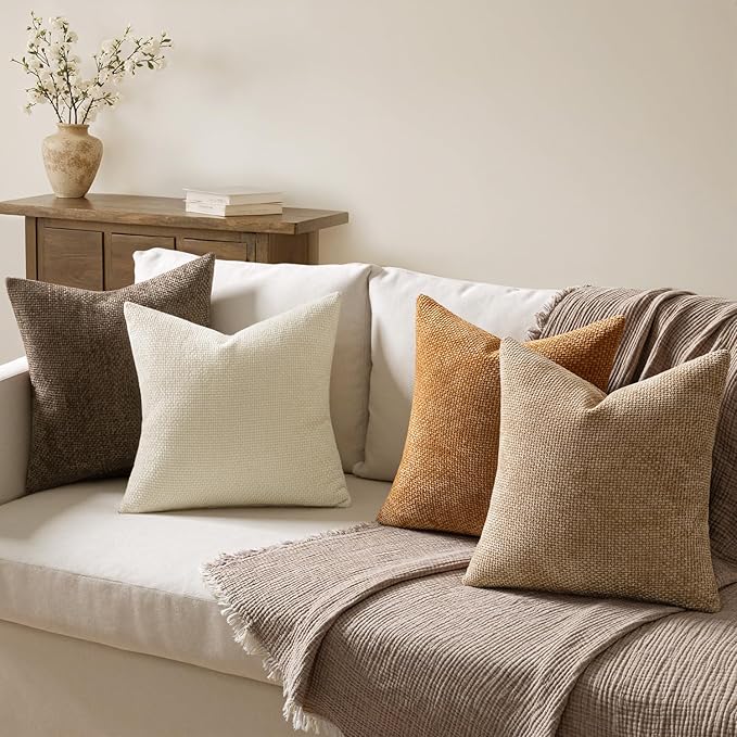 MIULEE Pack of 4 Brown Couch Throw Pillow Covers 24x24 Inch Soft Decorative Chenille Pillows Farmhouse Accent Cushions for Boho Fall Home Decor Sofa Bedroom Living Room
