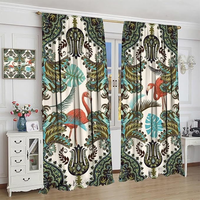 Bohemian Tropical Curtains, Natural Forest Botanical Boho Style, Bedroom Living Room Kitchen Blackout Rod Pocket Curtains42X54 Inch
