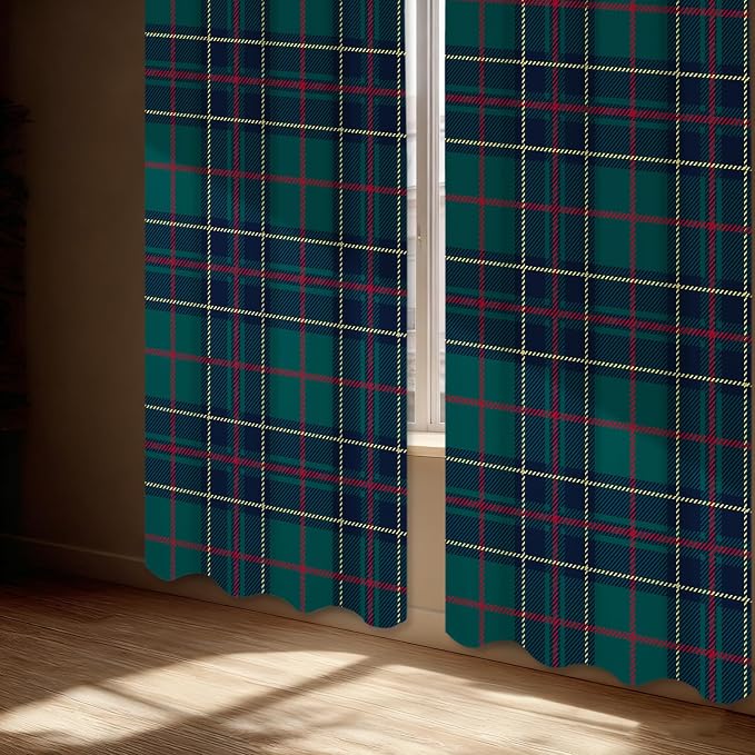 Shrahala Tartan Plaid Blackout Window Curtains, Green Scottish Fabric Kilt Twill Woven Thermal Insulated Curtains Grommet Top Window Drapes for Living Room, Bedroom (2 Panels,52 x 84 in)