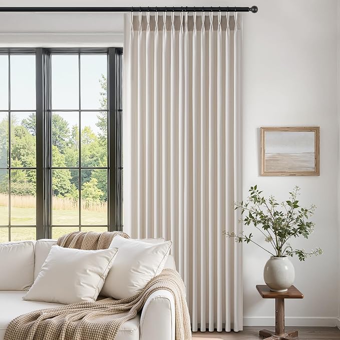 90 Inches Long Pinch Pleated Semi Sheer Curtains,Ivory Beige Linen Blended Light Filtering Window Curtains 90 Length 2 Panels for Living Room Bedroom Pinch Pleat Drapes with Hooks 2 Panels