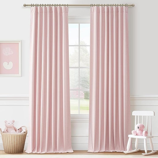 100 Inch Long Baby Pink Curtains 2 Panels Set for Living Room, Modern Pleated Linen Blend Black Out Aesthetic Curtain for Bedroom with Track Rod Pocket Insulating Soundproof Windows Drapes(50"x100")