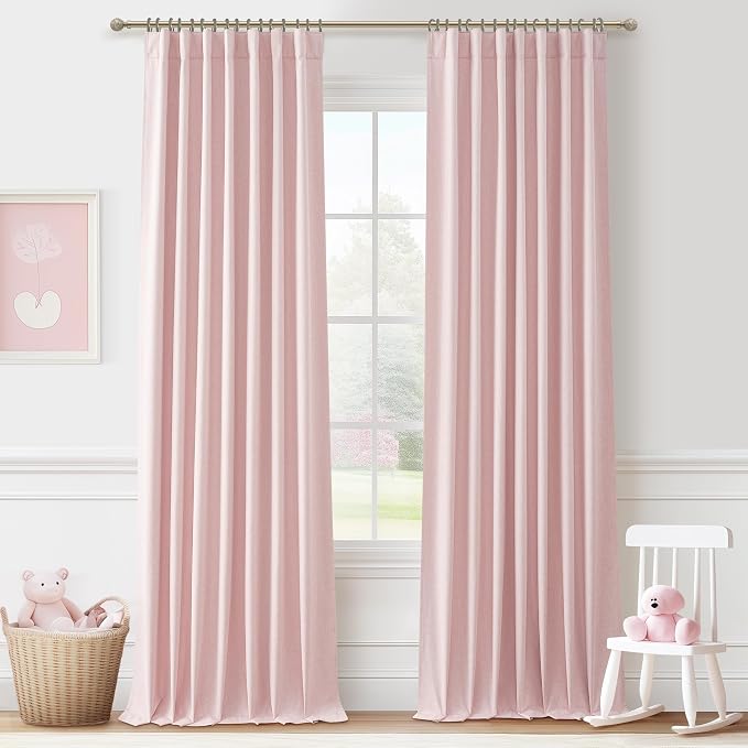 Cute Baby Pink Blackout Curtains 92 Inches Long for Girls Bedroom 2 Panels Set, Textured Linen Pleated Room Darkening Curtain Privacy Thermal Heavy Window Drape for Nursery with Rod Pocket 50"W x 92"L