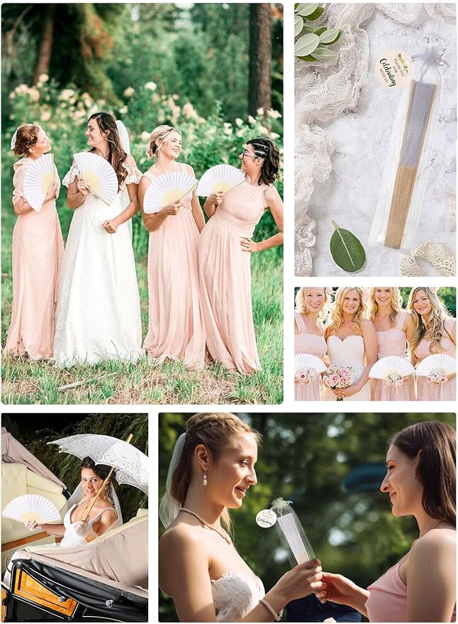 Cosweet 24 Set Wedding Hand Fans with Thank You Tags & Organza Bags, White Paper Fans Bulk Bamboo Decorative Folding Fans for Wedding Guests Party Favors Bridal Shower Church Decoration