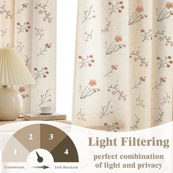 Floral Embroidered Linen Blend Curtains for Bedroom, 96 Inch Light Filtering Spring Farmhouse Vintage Drapes Beige Flower Window Treatments for Living Room Rod Pocket, Set of 2 Panels
