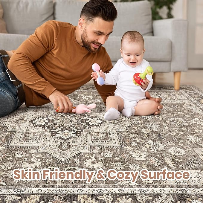 Vintage Living Room Area Rug 10x13 - Large Soft Washable Oriental Traditional Distressed Farmhouse Rugs for Bedroom - Indoor Floor Accent Carpet for Home Office House Decor - Brown