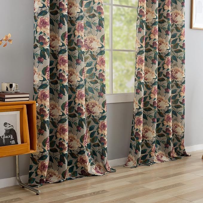 ALIGOGO Blend Linen Plant Curtains 72 Inch Length - Fancy Floral Leaf Garden Curtains for Bedroom, Vintage Privacy Grommet Cloest Hallway French Door Window Treatments Set of 2 Panels, Taupe