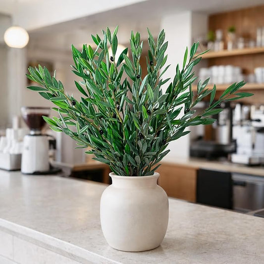 Bailikang 8PCS Premium Artificial Olive Branches for Vases - Realistic PU & Silk Faux Greenery Stems, 3 Sizes, Bendable Wire Stems, Low Maintenance Home/Office/Holiday Decor(No Vase