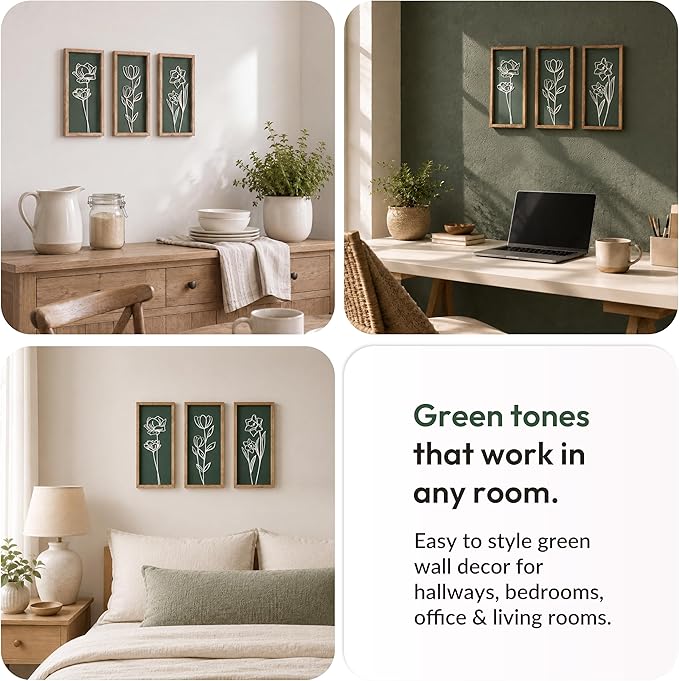 3D Floral Green Wall Art (Set of 3) Lightweight, Wooden Ready-to-Hang Boho Framed Wall Art for Bathroom, Master Bedroom, Living Room or Office - Premium Sage Green Farmhouse Decor - Gift-Boxed