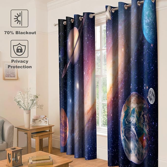 Jekeno Galaxy Planet Blackout Curtains Outer Space Universe Nebula Stars Starry Sky Decor for Kids Boys Bedroom Living Room Darkening Grommet Window Drapes 2 Panel Set, 42"x63"