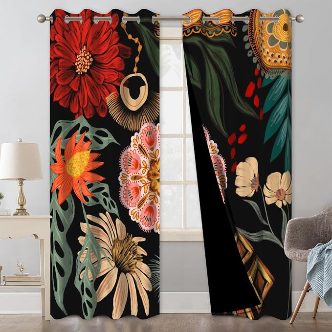 Boho Blackout Curtains for Bedroom, Bohemian Floral Black Living Room Curtains 84 Inch Length 2 Panels Set, Thermal Insulated Light Filtering Soundproof Black Out Window Drapes with Curtain Tiebacks