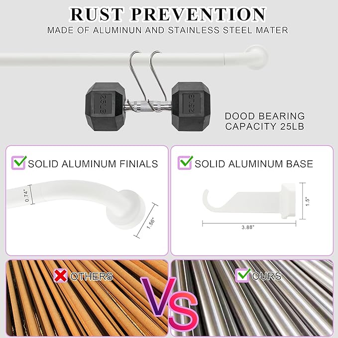 Matte White Disc Curtain Rods, 48-84 Inches Window Curtain Rod,Adjustable Room Darkening Drapery Rod with Aluminum Finials and Brackets,Wrap Around Design